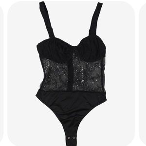 NWT 4 10 12 14 Bernstein black lace silky ruched bust wide strap thong high leg